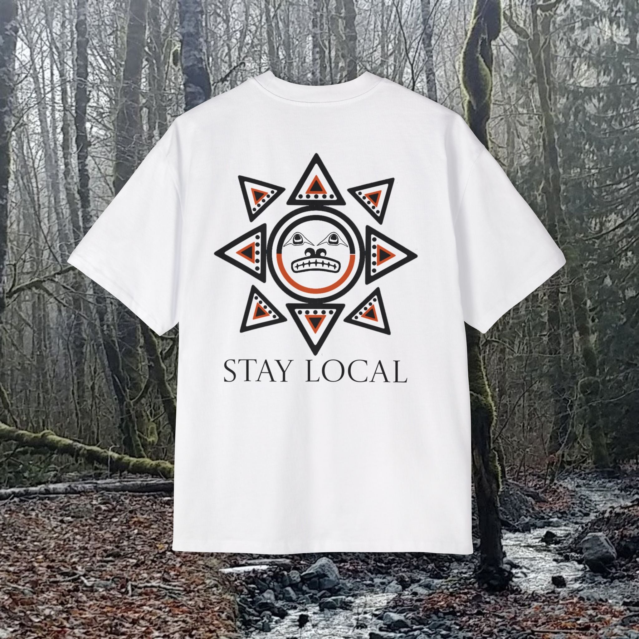 Stay Local Sun Face Graphic Tee — Tribal Sun Motif Oversized Men’s T-Shirt
