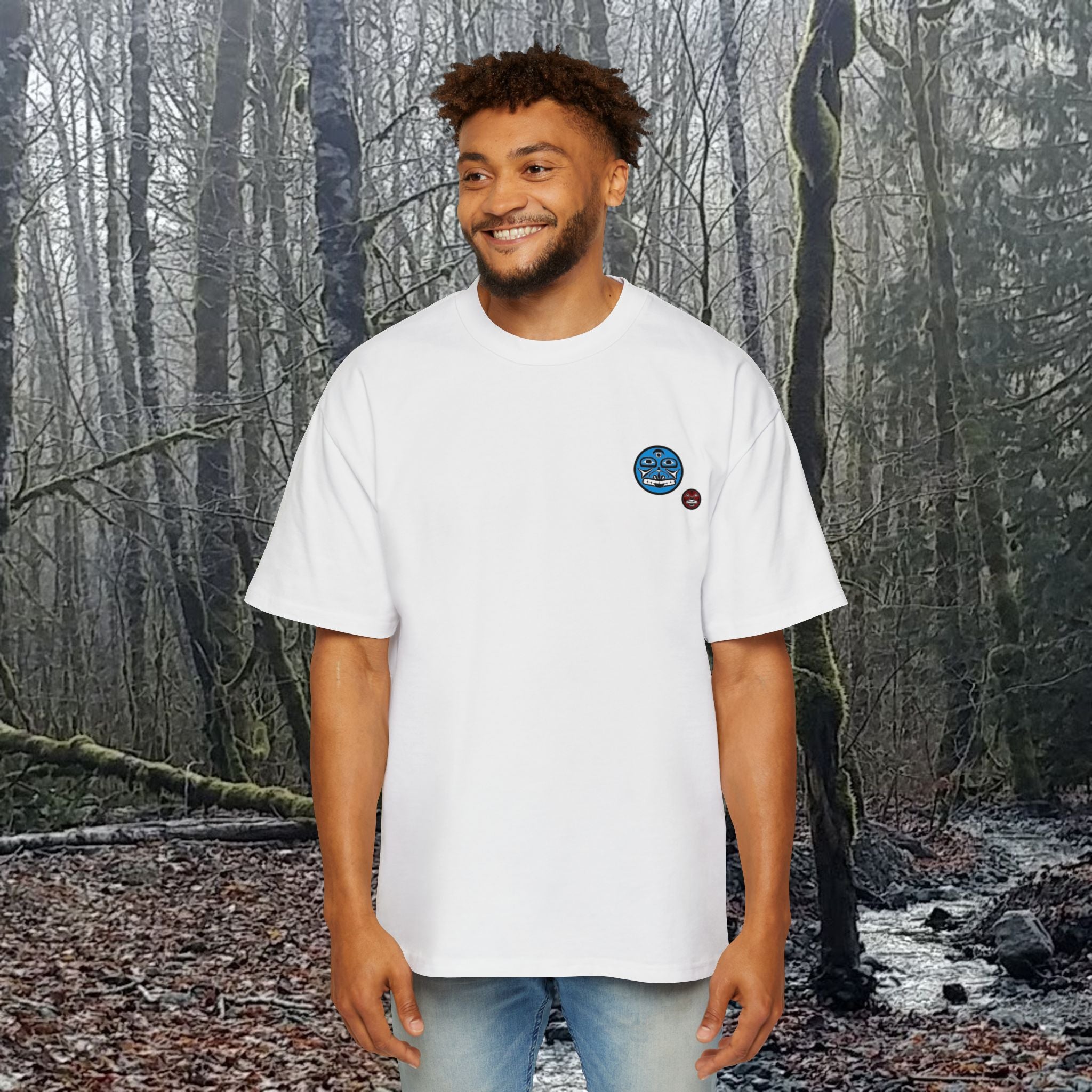 Stay Local Sun Face Graphic Tee — Tribal Sun Motif Oversized Men’s T-Shirt