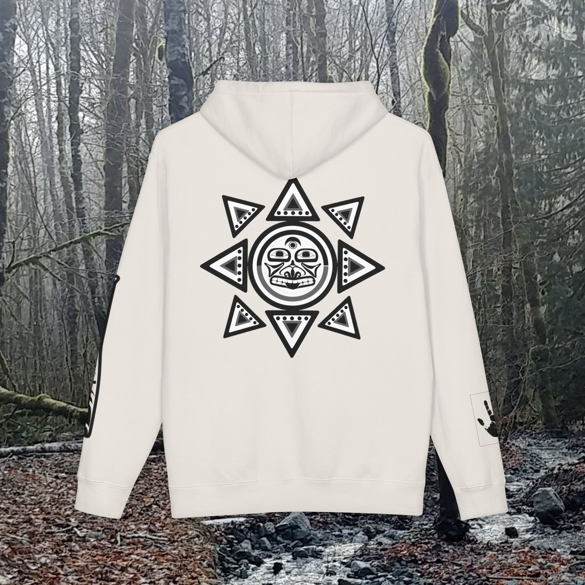 Salish Sun Graphic Hoodie — Indigenous-Inspired Tribal Logo Pullover