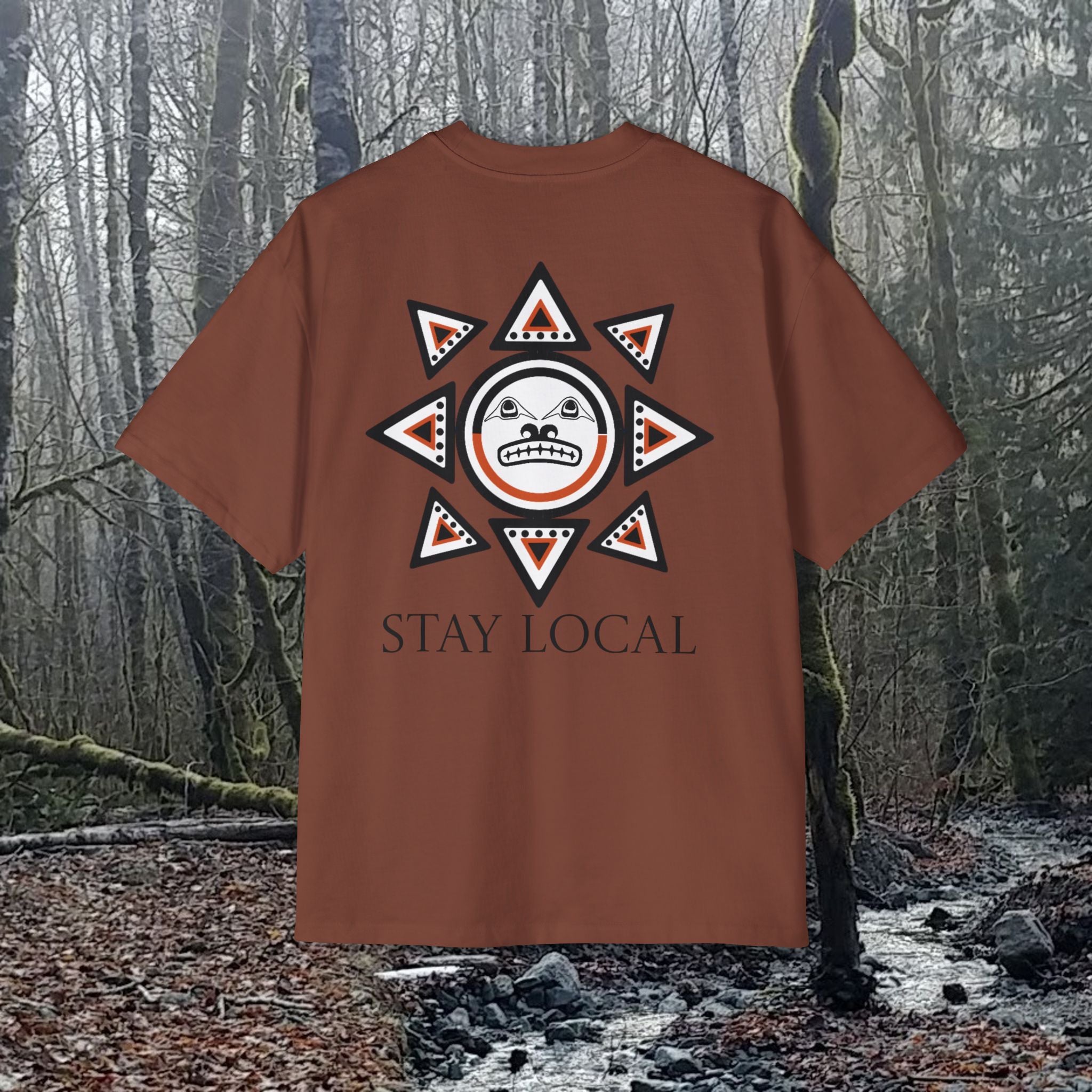 Stay Local Sun Face Graphic Tee — Tribal Sun Motif Oversized Men’s T-Shirt