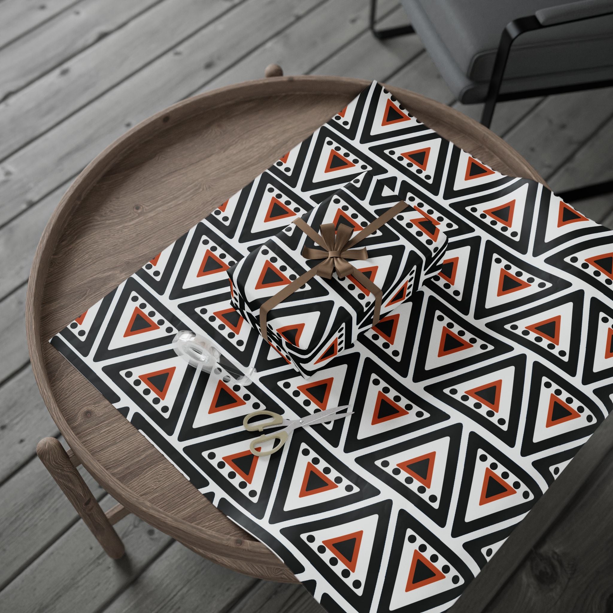 Geometric Triangle Pattern Wrapping Paper | Black Orange Tribal Print