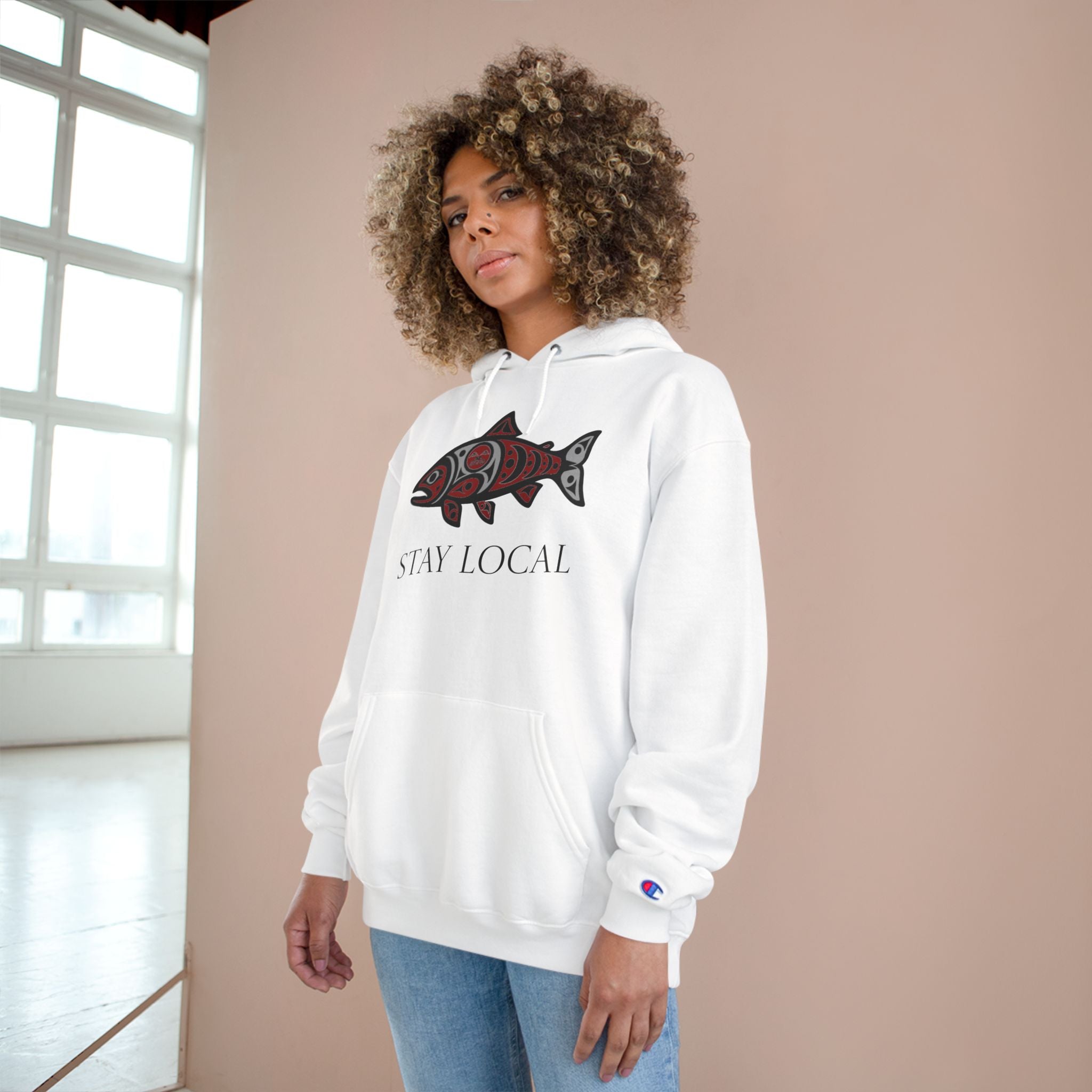 Stay Local "spawn" Graphic Champion Hoodie | Indigenous Style Fish Design