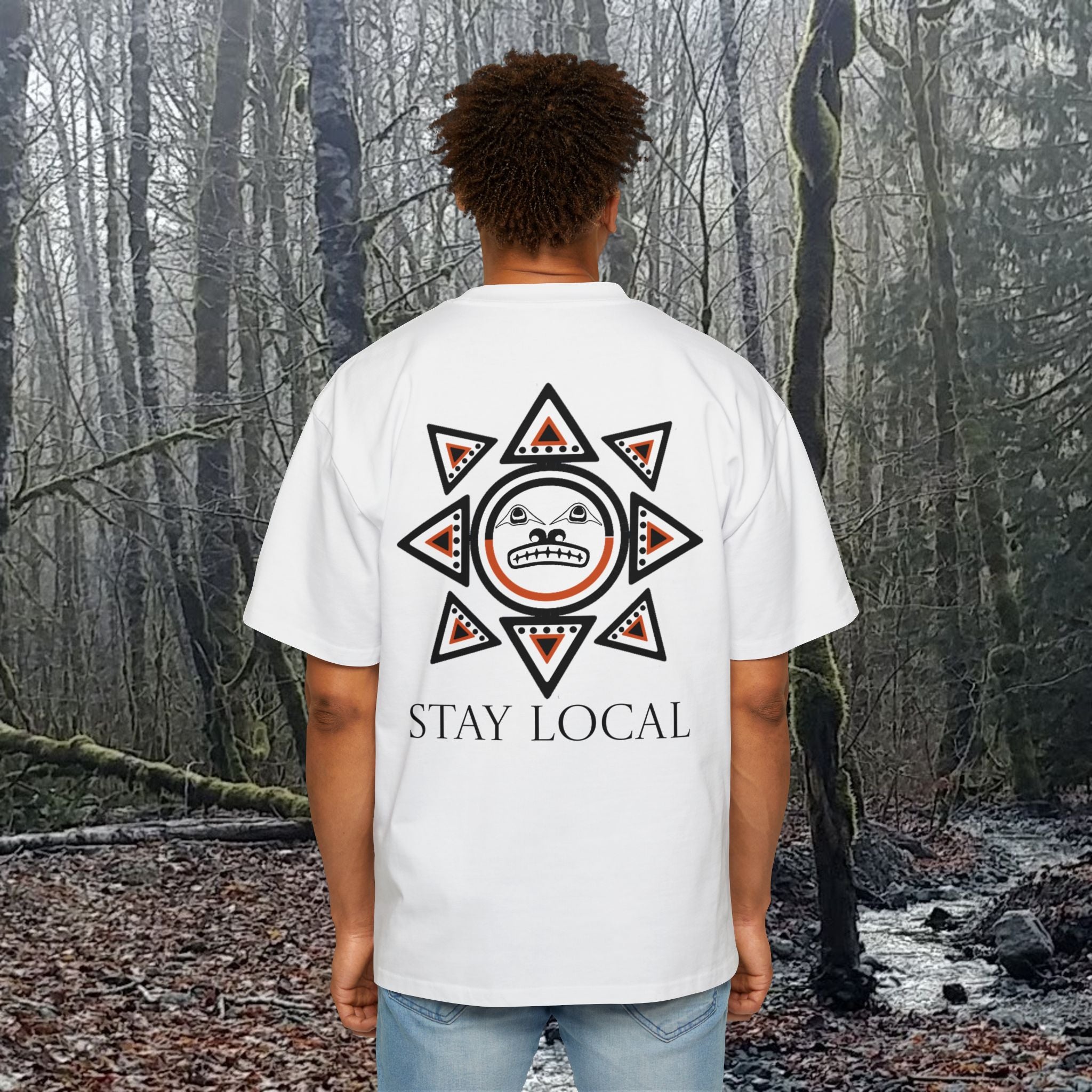 Stay Local Sun Face Graphic Tee — Tribal Sun Motif Oversized Men’s T-Shirt