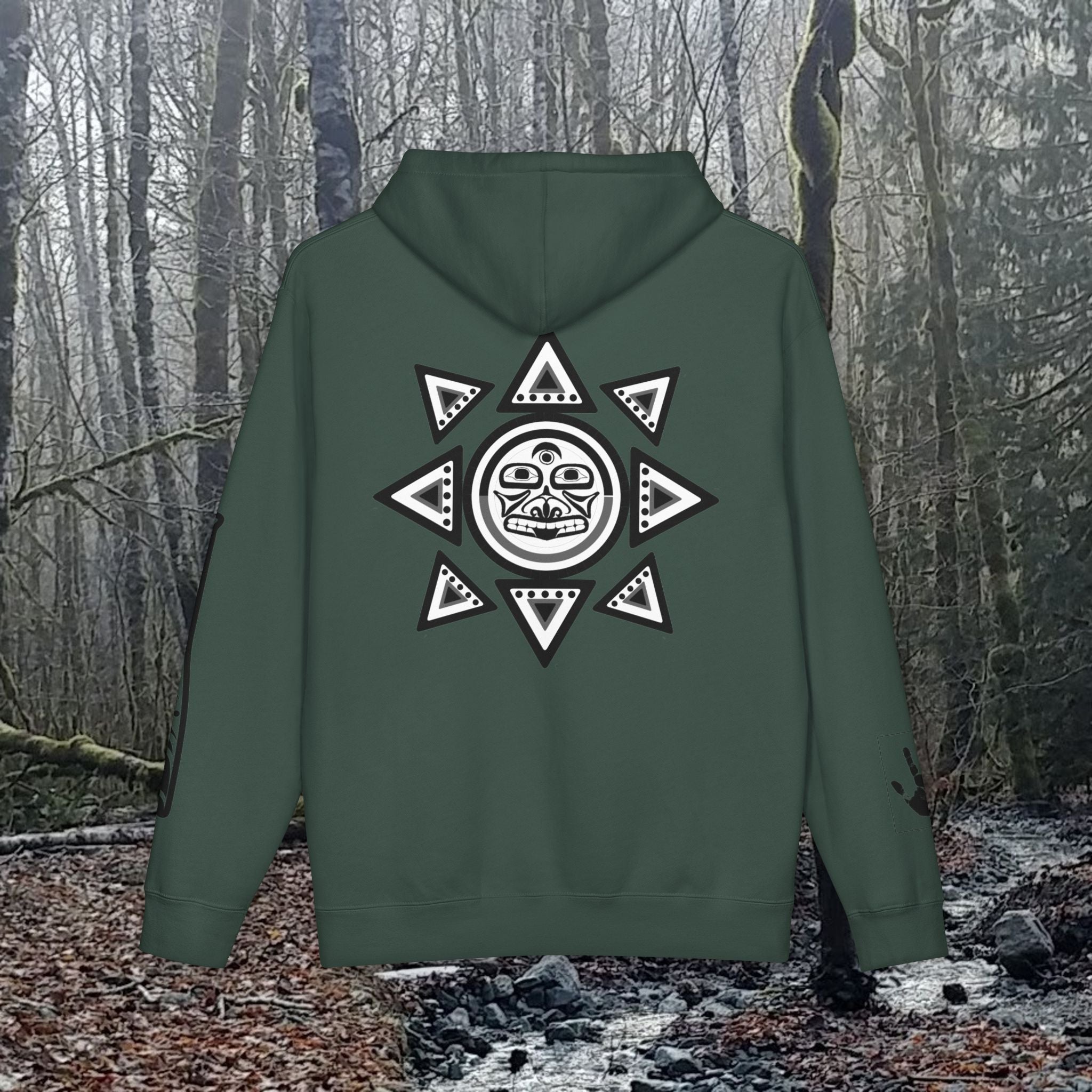 Salish Sun Graphic Hoodie — Indigenous-Inspired Tribal Logo Pullover