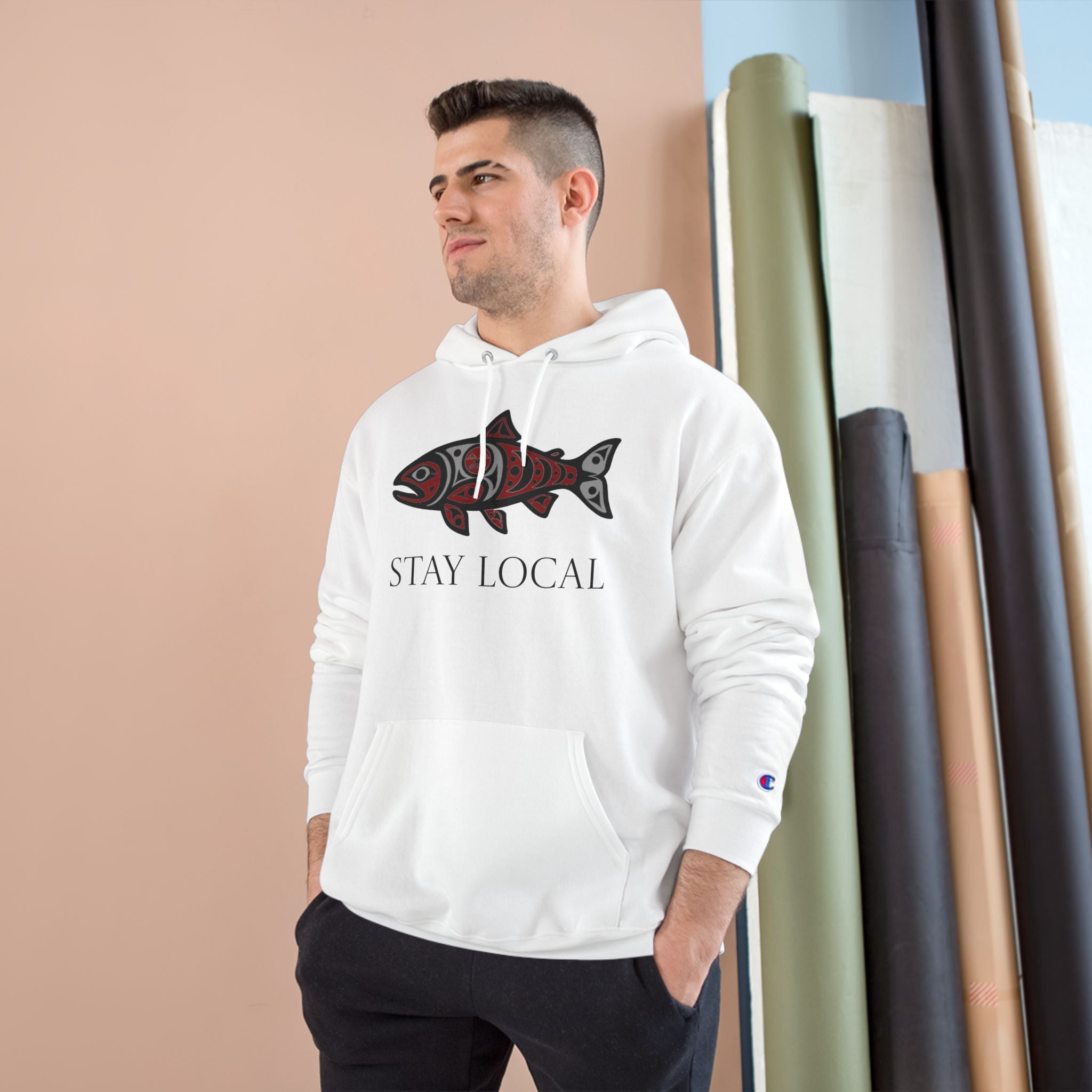 Stay Local "spawn" Graphic Champion Hoodie | Indigenous Style Fish Design