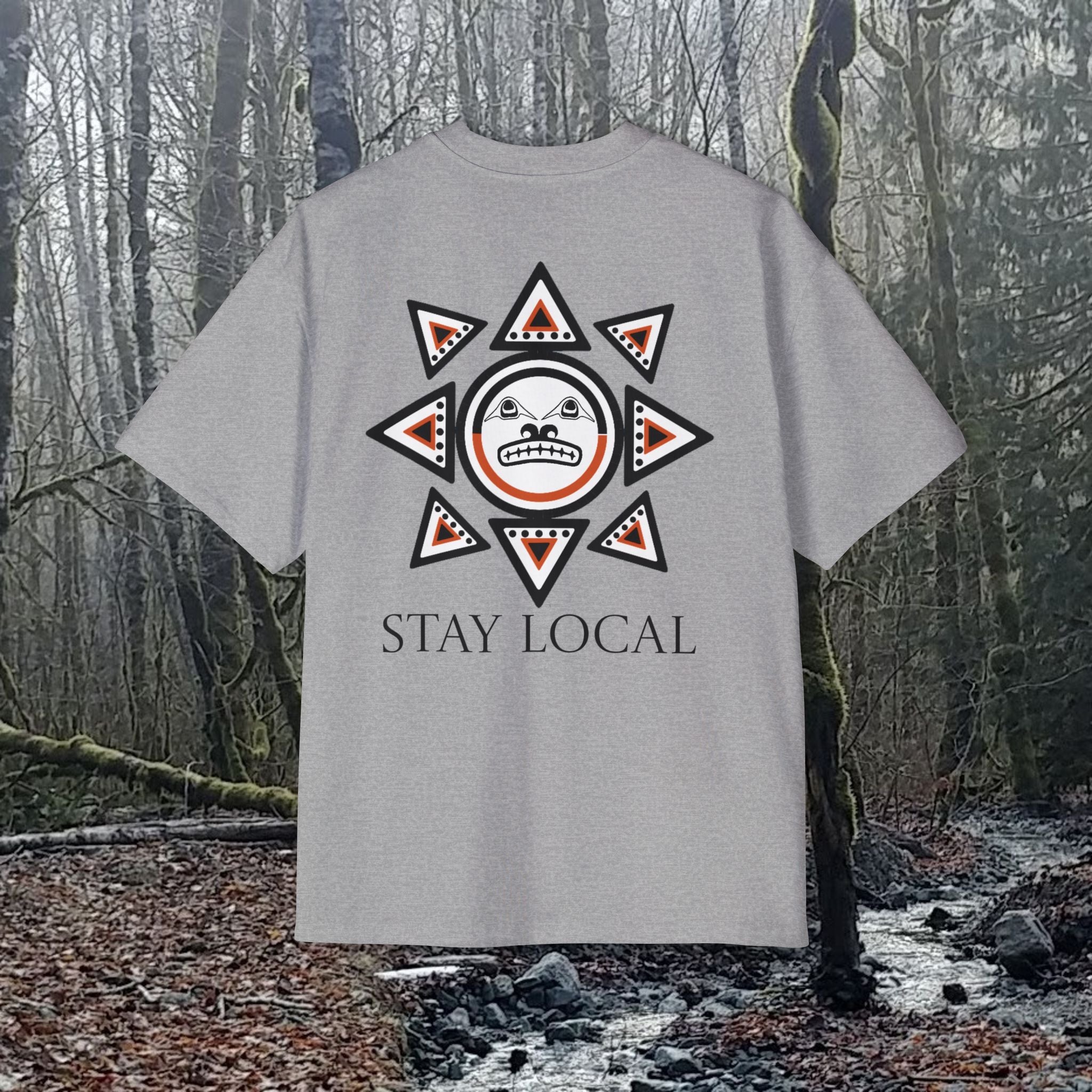 Stay Local Sun Face Graphic Tee — Tribal Sun Motif Oversized Men’s T-Shirt